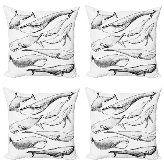 Ambesonne Animal Throw Pillow Cover 4 Pack, Hand Drawn Single Whale, 18", Black and White