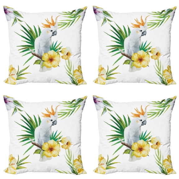 Ambesonne Animal Throw Pillow Cover 4 Pack, Hibiscus with Wild Birds, 18", White Yellow Green
