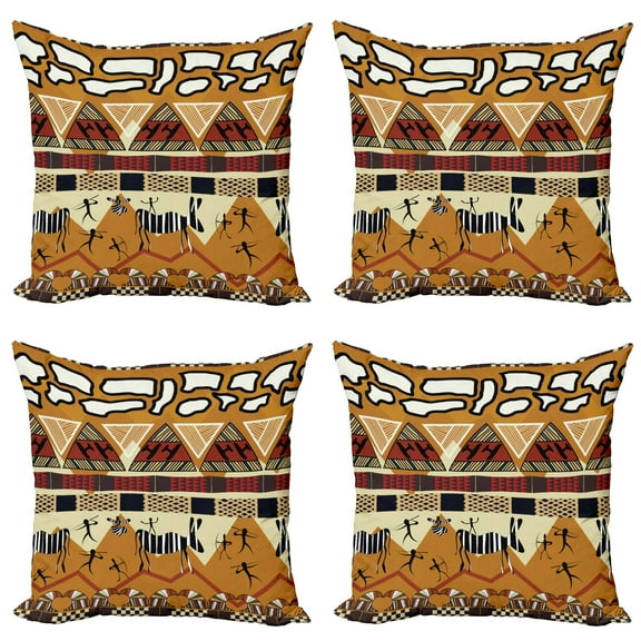 Ambesonne Animal Throw Pillow Cover 4 Pack, Hunt Zebra Tribe Ethnic, 24", Ruby Mustard