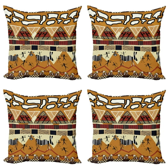 Ambesonne Animal Throw Pillow Cover 4 Pack, Hunt Zebra Tribe Ethnic, 24", Ruby Mustard