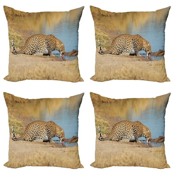 Ambesonne Animal Throw Pillow Cover 4 Pack, Leopard in Savannah Print, 18", Pale Brown