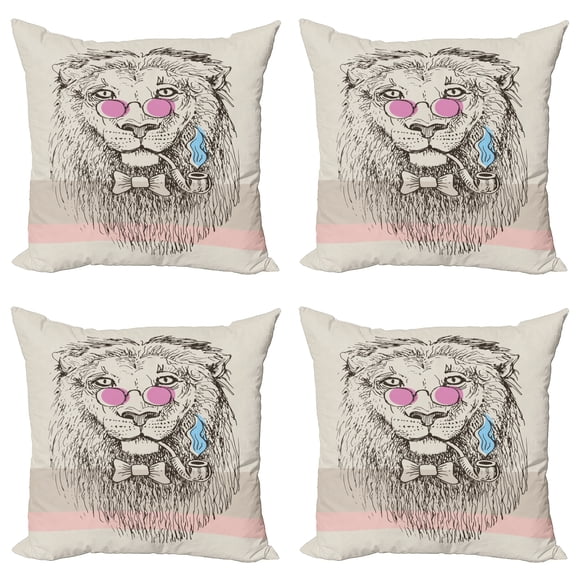 Ambesonne Animal Throw Pillow Cover 4 Pack, Lion Head Hipster Style, 18", Pale Blue Pale Pink