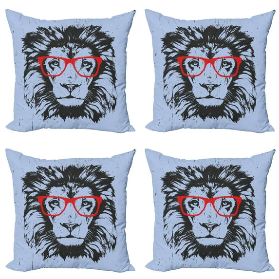 Ambesonne Animal Throw Pillow Cover 4 Pack, Lion and Hipster Glasses, 18", Blue Black Red