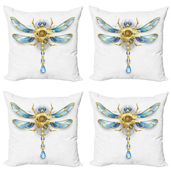 Ambesonne Animal Throw Pillow Cover 4 Pack, Mechanical Dragonfly, 18", Yellow Blue