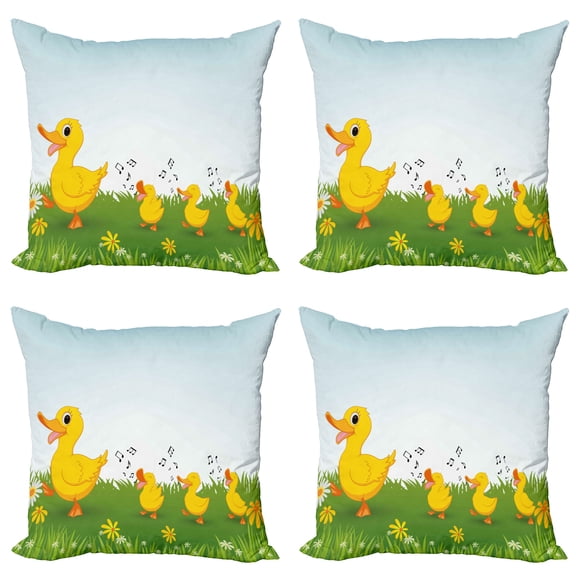 Ambesonne Animal Throw Pillow Cover 4 Pack, Mother Duck and, 20", Pale Blue Mustard