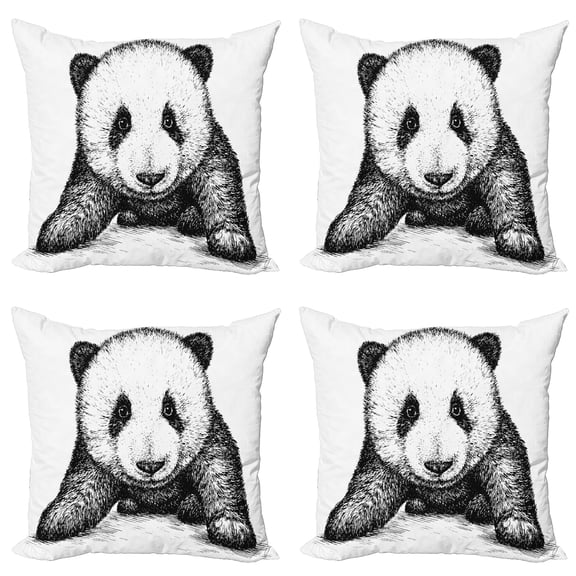 Ambesonne Animal Throw Pillow Cover 4 Pack, Panda Bear Sketch, 18", White Black
