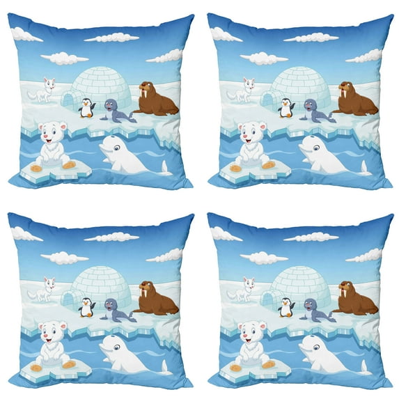 Ambesonne Animal Throw Pillow Cover 4 Pack, Polar Bears Seal Penguins, 16", Sky Blue and White
