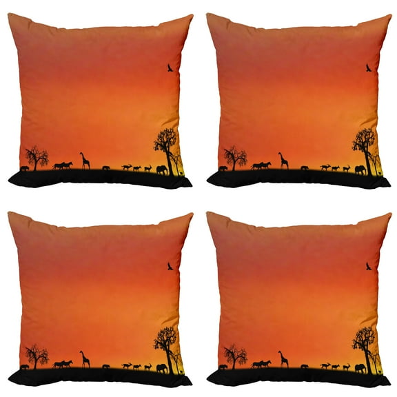 Ambesonne Animal Throw Pillow Cover 4 Pack, Savannah Sunset with Gull, 16", Burnt Orange and Black