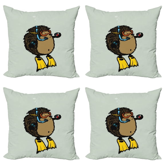 Ambesonne Animal Throw Pillow Cover 4 Pack, Scuba Diver Hedgehog, 24", Pale Blue Yellow