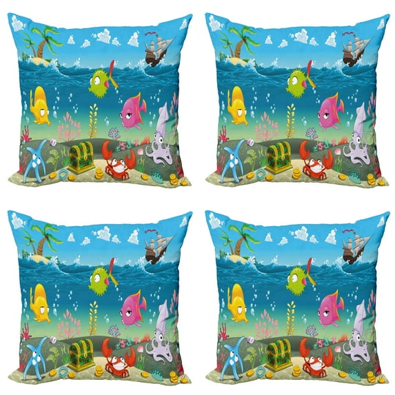 Ambesonne Animal Throw Pillow Cover 4 Pack, Sea Animals Underwater, 24", Multicolor