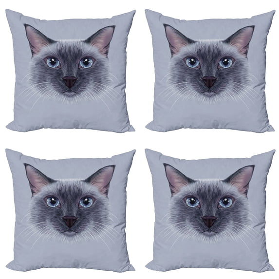 Ambesonne Animal Throw Pillow Cover 4 Pack, Siamese Cat Portrait, 24", White Sky Blue and Grey