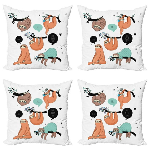 Ambesonne Animal Throw Pillow Cover 4 Pack, Smiling Sloth Cartoon, 16", Multicolor