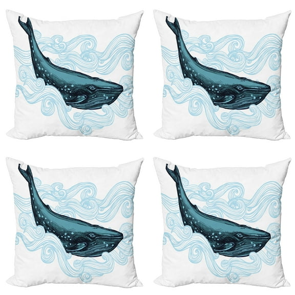 Ambesonne Animal Throw Pillow Cover 4 Pack, Whale with Striped Wave, 24", White Dark Blue and Blue
