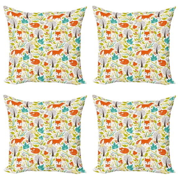 Ambesonne Animal Throw Pillow Cover 4 Pack, Wild Fox Wolf Flower, 16", Orange Green and Blue