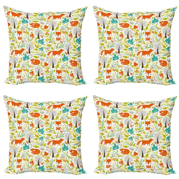 Ambesonne Animal Throw Pillow Cover 4 Pack, Wild Fox Wolf Flower, 24", Orange Green and Blue