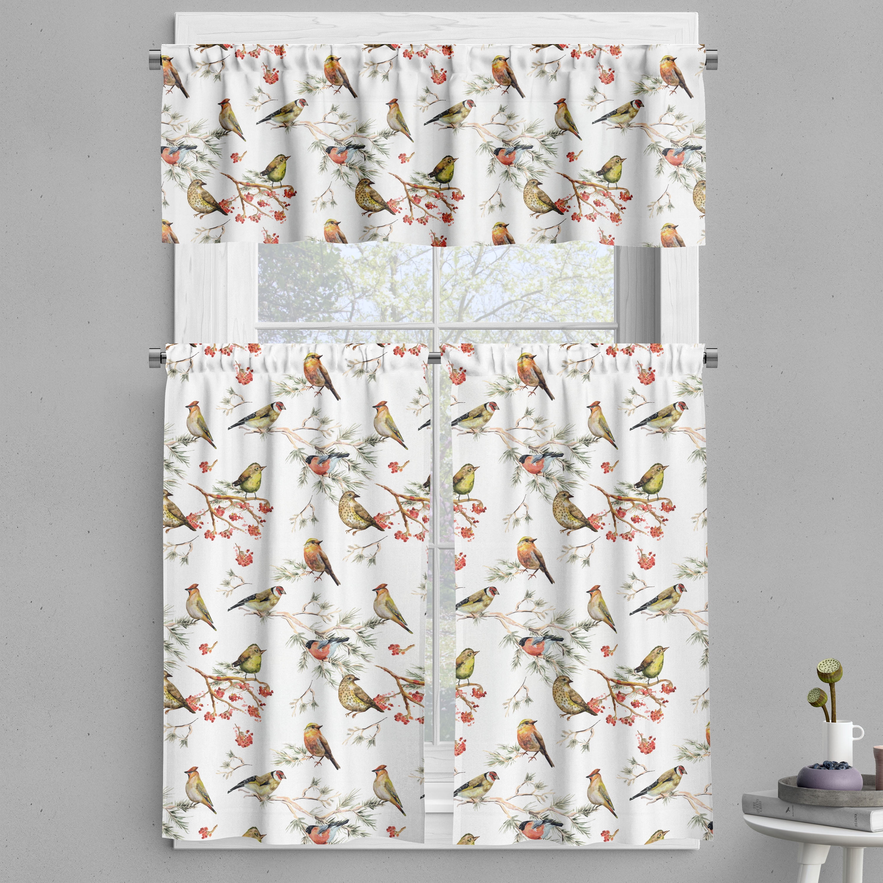 Ambesonne Animal Valance & Curtain, Colorful Forest Birds, 55"x30