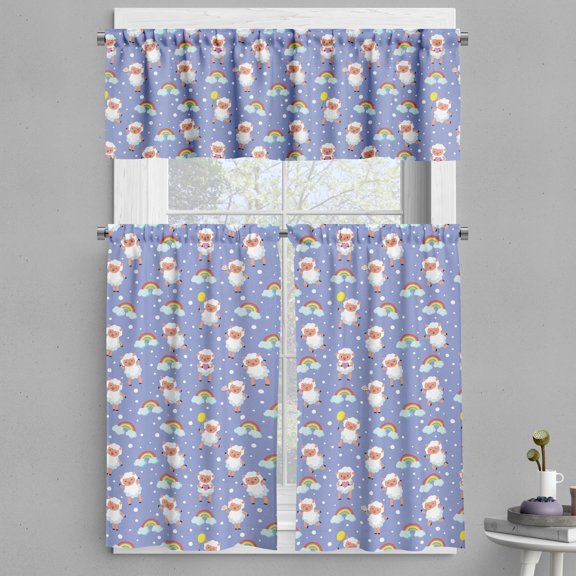 Ambesonne Animal Valance & Curtain, Happy Lambs Rainbows Art, 55"x24", Ceil Blue Salmon and White