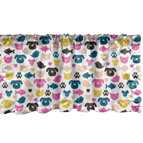 Ambesonne Animal Window Valance, Cheerful Domestic Pets Colorful Pattern Cat Dog Fish Bird and Mouse Faces Hearts, Curtain Valance for Kitchen Bedroom Decor with Rod Pocket, 54" X 12", Multicolor