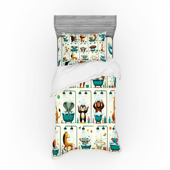 Ambesonne Animal World Bedding Set 3 Pcs, Funny Monkey Elephant, Twin, Teal Burnt Orange Ivory