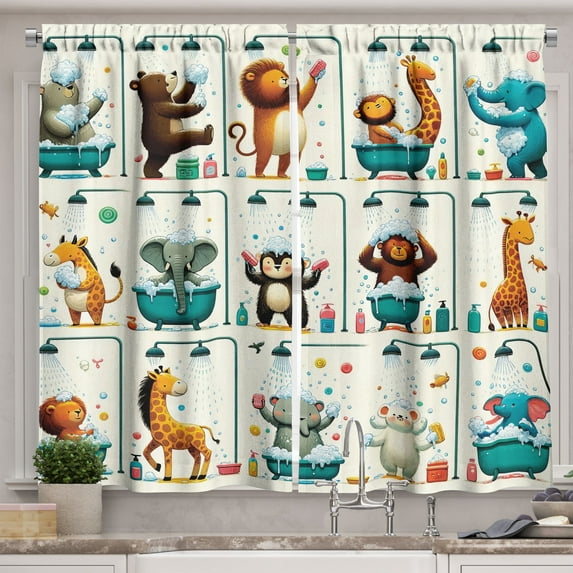 Ambesonne Animal World Kitchen Curtains, Funny Monkey Elephant, 55"x30", Teal Burnt Orange Ivory