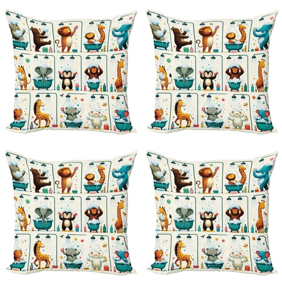 Ambesonne Animal World Throw Pillow Cover 4 Pack, Funny Monkey Elephant, 16", Teal Burnt Orange Ivory