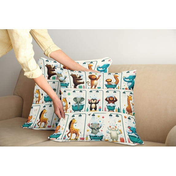 Ambesonne Animal World Throw Pillow Cover Pack of 2, Funny Monkey Elephant, 2 Pcs-18"x18", Teal Burnt Orange Ivory