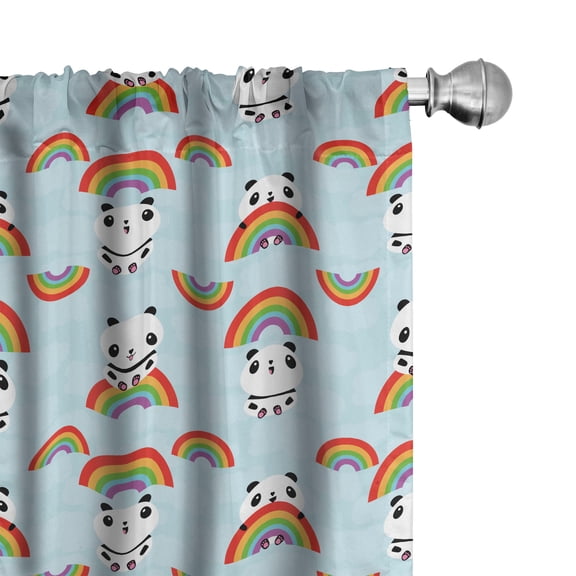 Ambesonne Animals Window Curtains, Cartoon Panda With Rainbow, Each 28" W x 63" L, Soft Blue White Dark Pink
