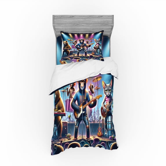 Ambesonne Animals Band Bedding Set 3 Pcs, Whimsical Funny Stage, TwinXL, Blue Purple and Pale Mustard