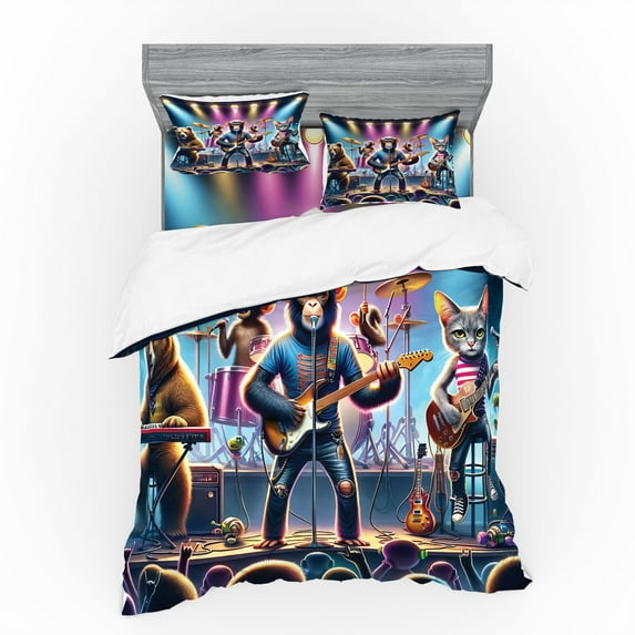Ambesonne Animals Band Bedding Set 4 Pcs, Whimsical Funny Stage, Queen, Blue Purple and Pale Mustard