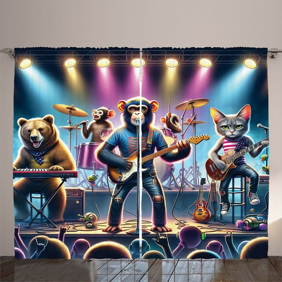 Ambesonne Animals Band Curtains 2 Panel Set, Whimsical Funny Stage, 108" x 90", Blue Purple and Pale Mustard