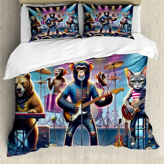 Ambesonne Animals Band Duvet Cover Set, Whimsical Funny Stage, King, Blue Purple and Pale Mustard