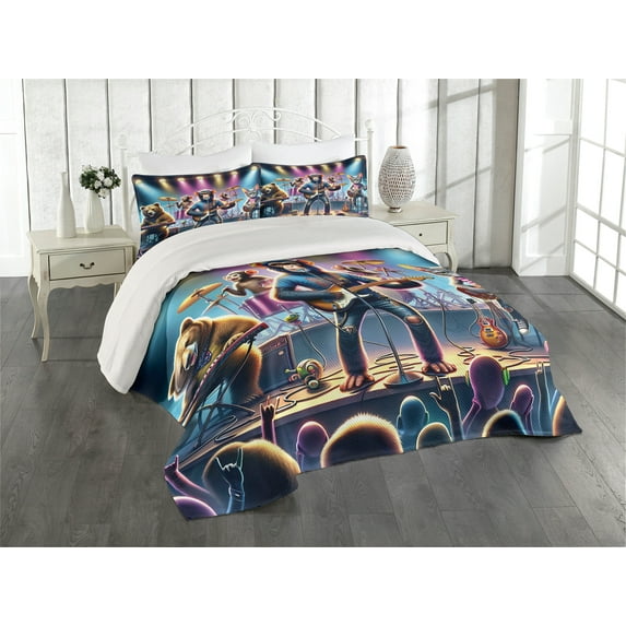 Ambesonne Animals Band Quilted Coverlet 3 Pcs, Whimsical Funny Stage, Queen Size, Blue Purple and Pale Mustard