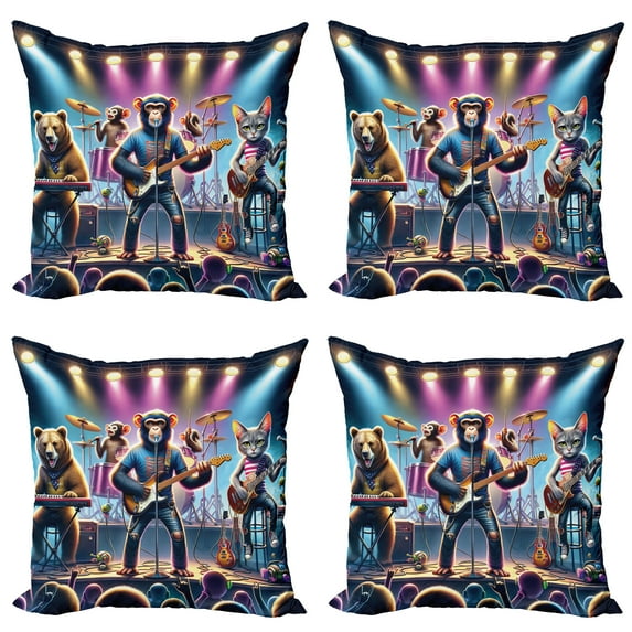 Ambesonne Animals Band Throw Pillow Cover 4 Pack, Whimsical Funny Stage, 24", Blue Purple and Pale Mustard