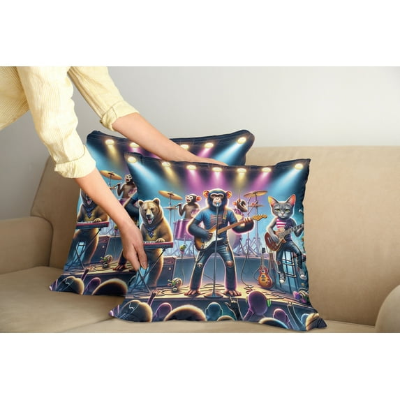 Ambesonne Animals Band Throw Pillow Cover Pack of 2, Whimsical Funny Stage, 2 Pcs-16"x16", Blue Purple and Pale Mustard
