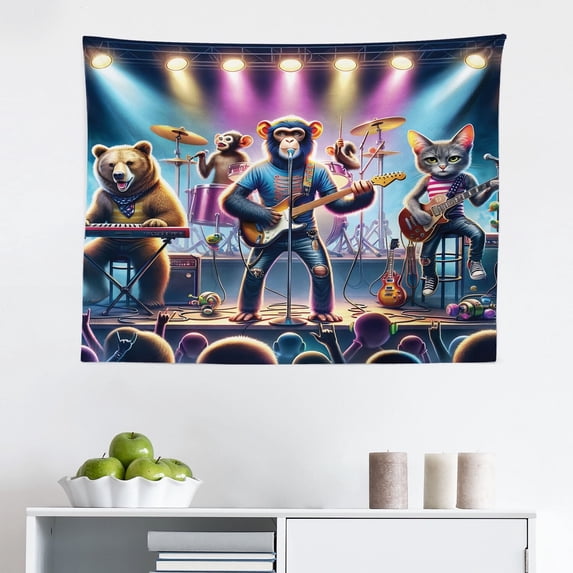 Ambesonne Animals Band Wall Hanging Tapestry, Whimsical Funny Stage, 28"x23", Blue Purple and Pale Mustard