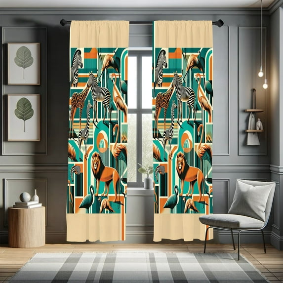 Ambesonne Animals Curtains 2 Panel Set, Geometric Exotic Lion Zebra, Pair of - 28" x 84", Cadet Blue Teal Orange