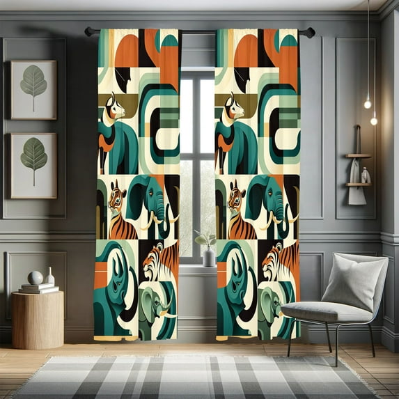 Ambesonne Animals Curtains 2 Panel Set, Urban Jungle Art Fox Tiger, Pair of - 28" x 95", Dark Orange Teal Beige