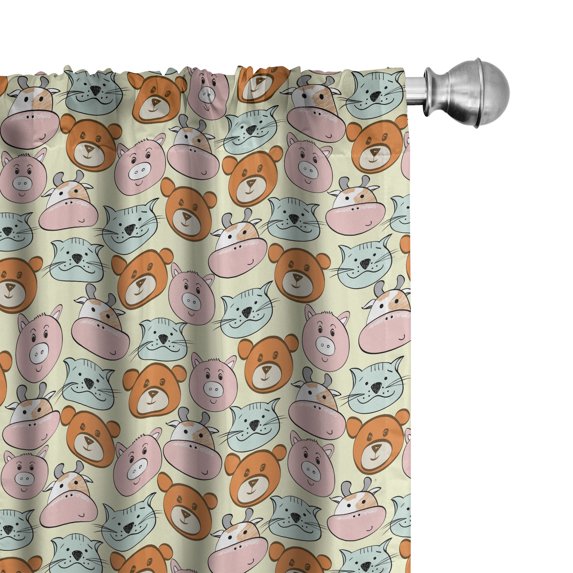 Ambesonne Animals Curtains, Bear Cat Cow Pig Faces Art, Pair of 28"x95", Marigold Blush Grey
