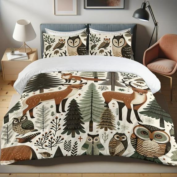 Ambesonne Animals Duvet Cover Set, Scandinavian Owl Deer Fox, Twin, Ginger Green Off White