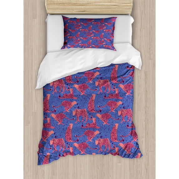 Ambesonne Animals Duvet Cover Sets, African Cheetahs Pattern, 2-Twin, Coral Plum