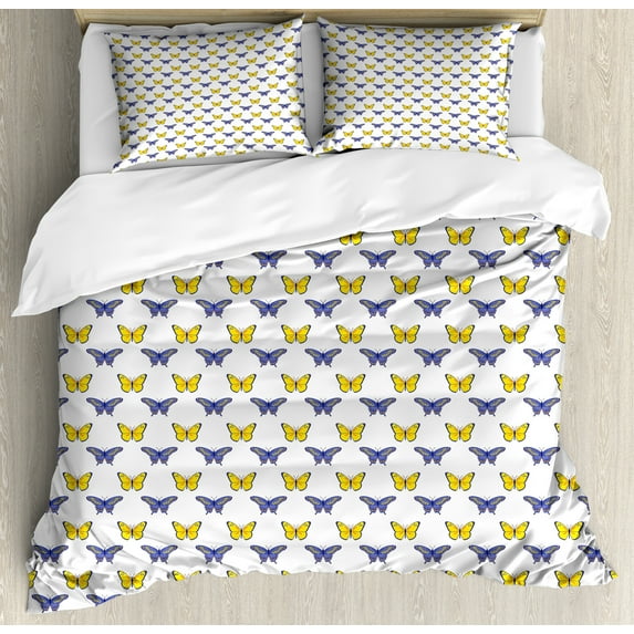 Ambesonne Animals Duvet Cover Sets, Natural Butterflies Pattern, 2-King, Yellow Violet Blue and White