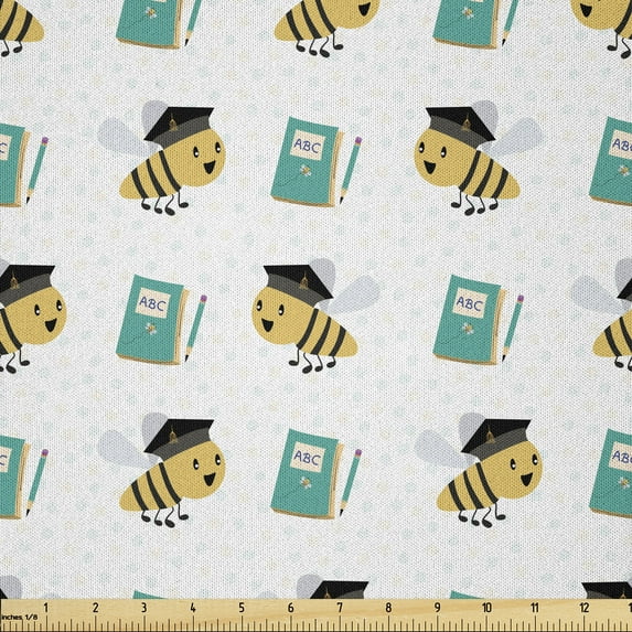 Ambesonne Animals Fabric by the Yard Microfiber, Cartoon Bee Sketch ABC Art, 5 Yards, White Mustard and Teal