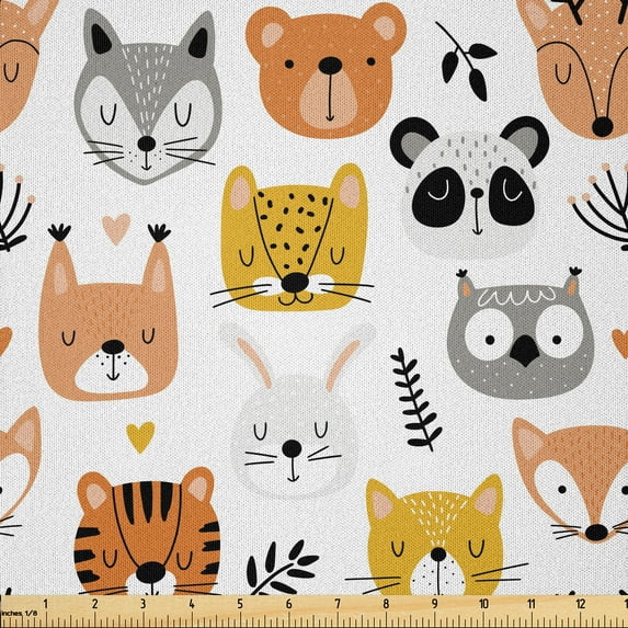 Ambesonne Animals Fabric by the Yard Microfiber, Rabbit Bird Cat Faces Art, 5 Yards, Pale Vermilion and Yellow