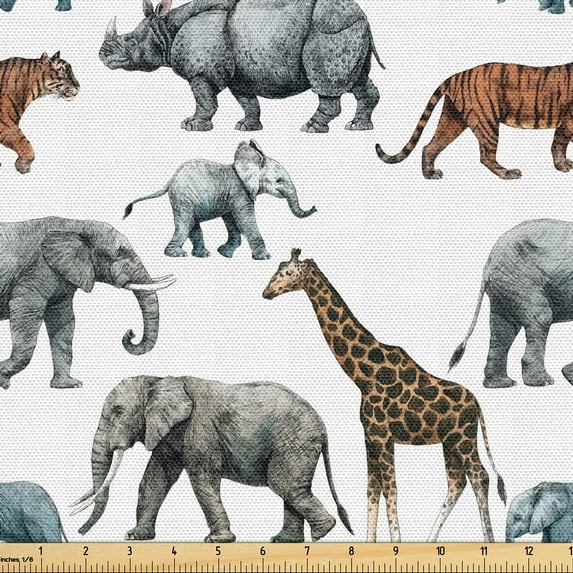 Ambesonne Animals Fabric by the Yard Upholstery, Tiger Hippo Giraffe Print, 10 Yards, White Soft Blue Cinnamon