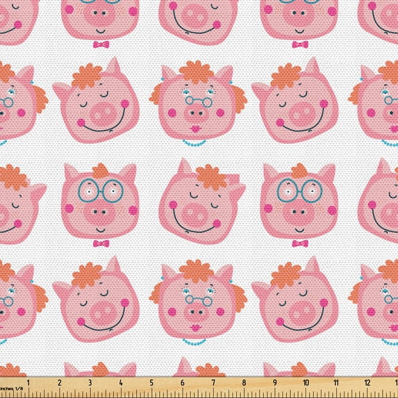 Ambesonne Animals Fabric by the Yard Upholstery, Cartoon Face of Pigs Art, 5 Yards, White Blush Burnt Sienna