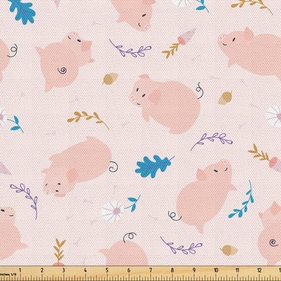 Ambesonne Animals Fabric by the Yard Upholstery, Digital Drawn Pig Autumn, 2 Yards, Pale Peach Blush Sea Blue