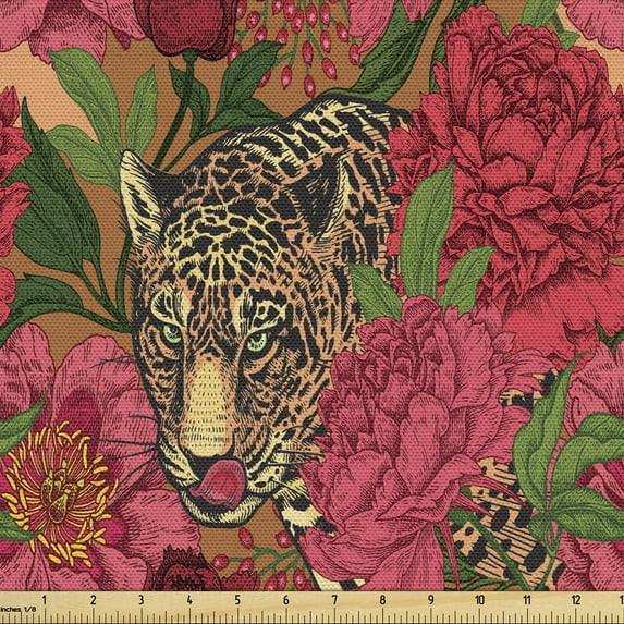 Ambesonne Animals Fabric by the Yard Upholstery, Tropical Leopard Floral Art, 5 Yards, Pale Mustard and Pale Pink