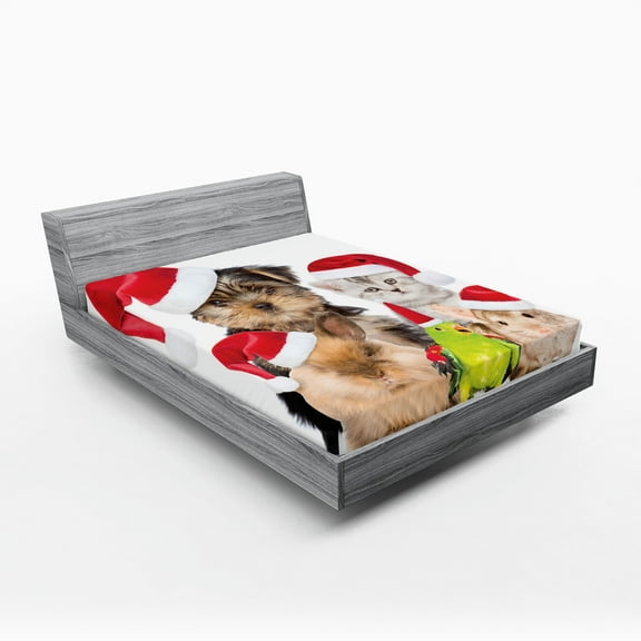 Ambesonne Animals Fitted Sheet, Christmas Theme Pets, Queen Size, Multicolor