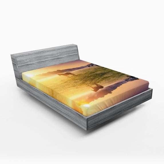 Ambesonne Animals Fitted Sheet, Horse Valley with Lake, Queen Size, Multicolor