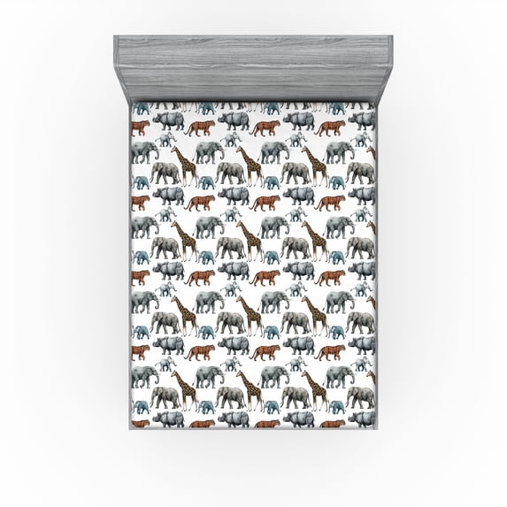 Ambesonne Animals Fitted Sheet, Tiger Hippo Giraffe Print, California King, White Soft Blue Cinnamon